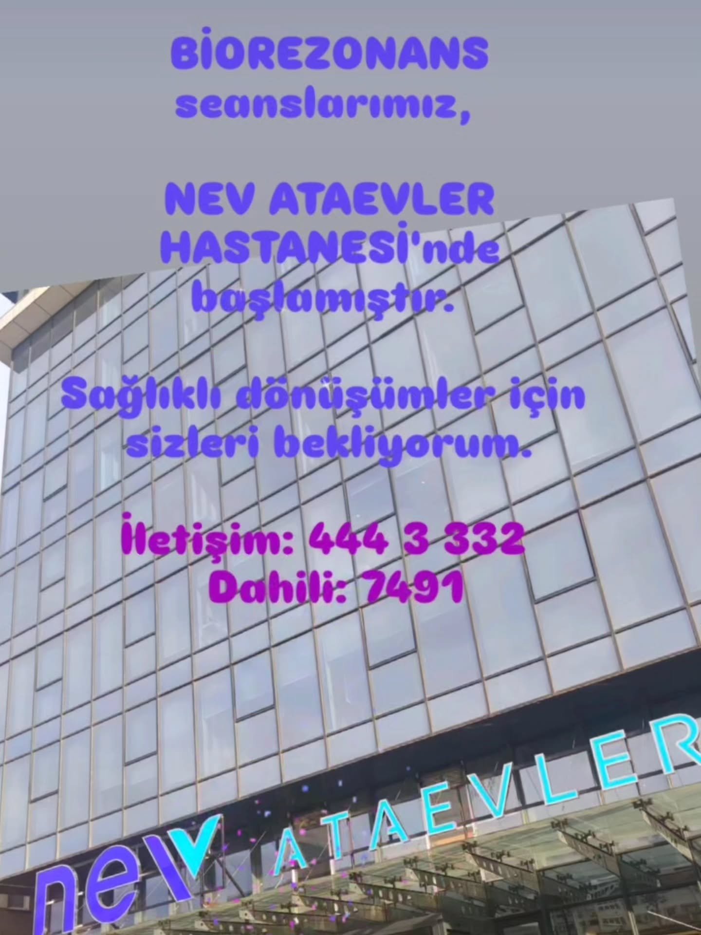 Sağlığınız için yeni bir adım 🌿

Nev Ataevler Hastanesinde
Biorezonans uygulamalarımız başlamıştır. 

Sigara bırakma
Kilo kontrolü 
Allerji
Panik atak 
Stres ve kaygı bozuklukları 
....
İmmün sistemin